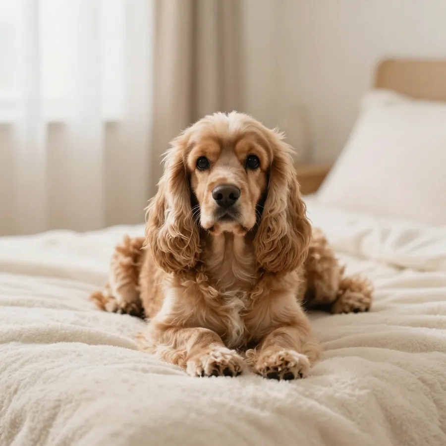 A happy dog relaxing at home
