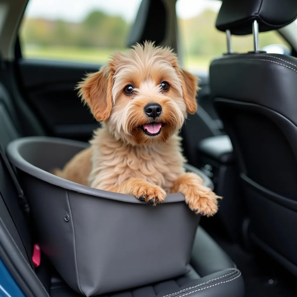 A dog travelling comfortably in a car