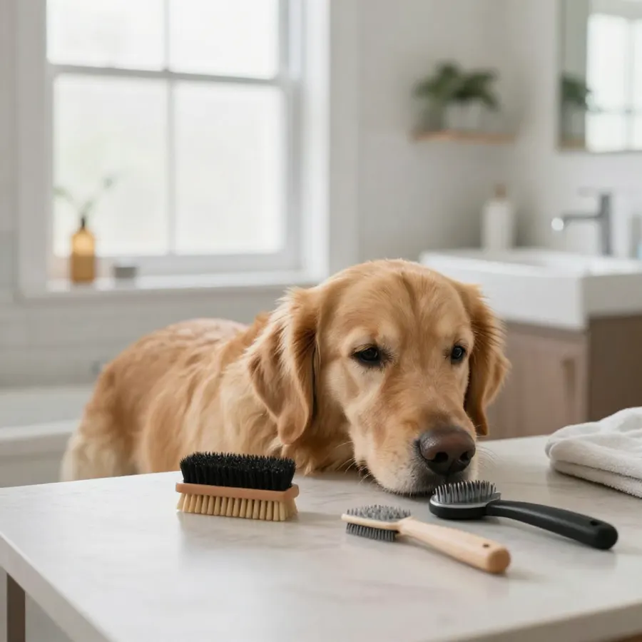 A dog being groomed at home