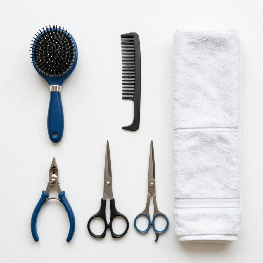 A selection of pet care essentials laid out together