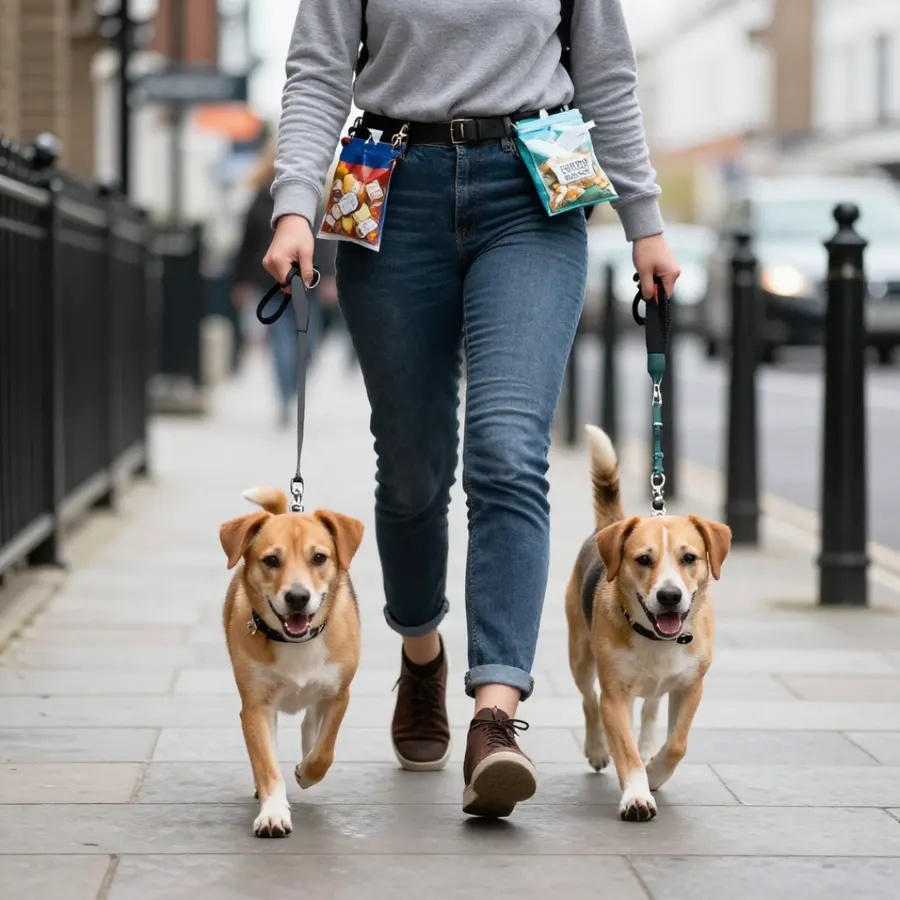 A dog out on a walk with its owner