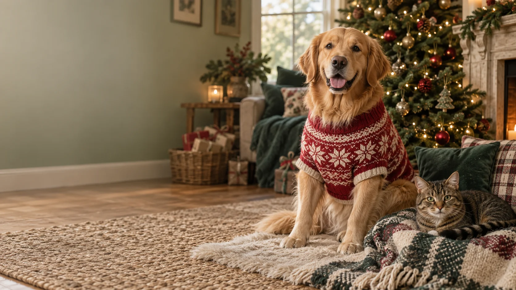 Golden retriever in a red knitted jumper and a tabby cat relaxing beside a Christmas tree