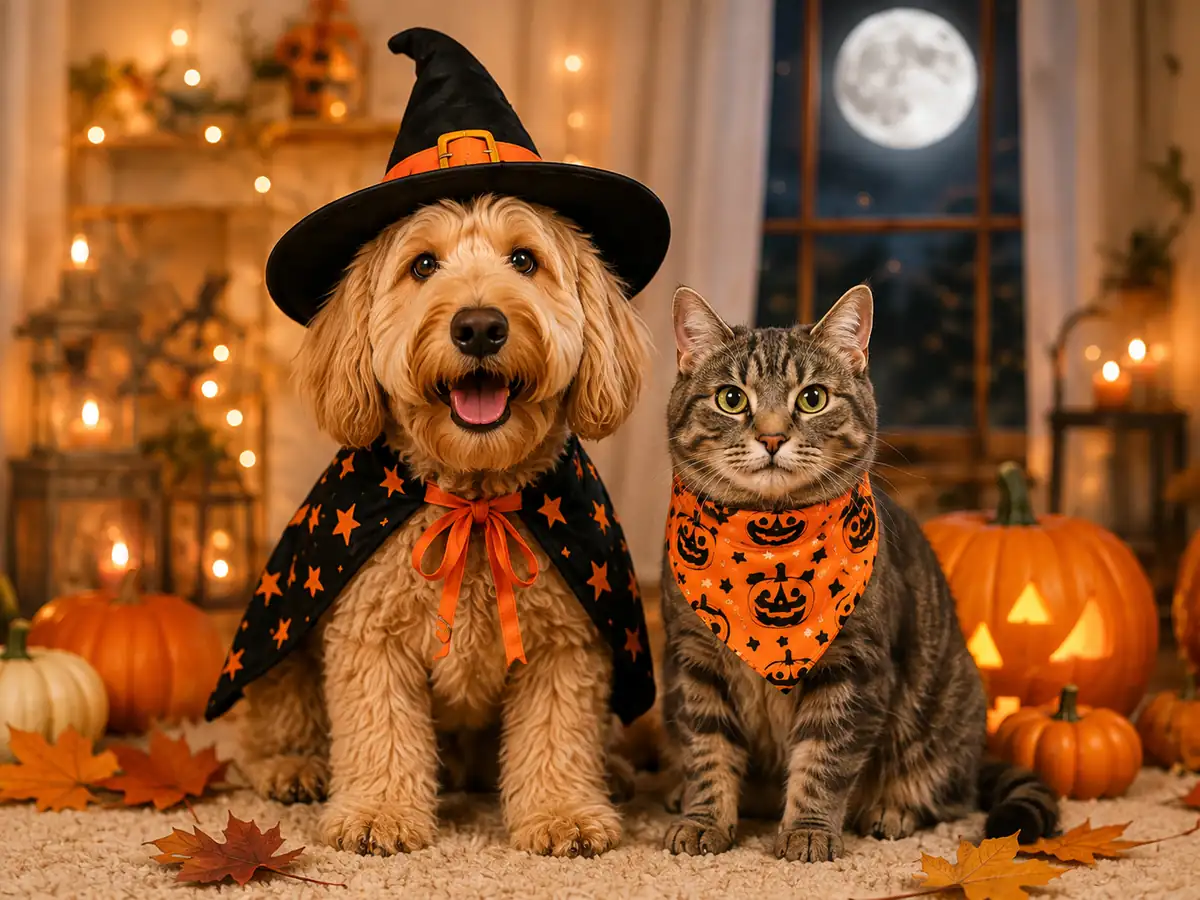 A dog in a witch hat and cape beside a cat in a pumpkin-print bandana, with carved pumpkins and lanterns