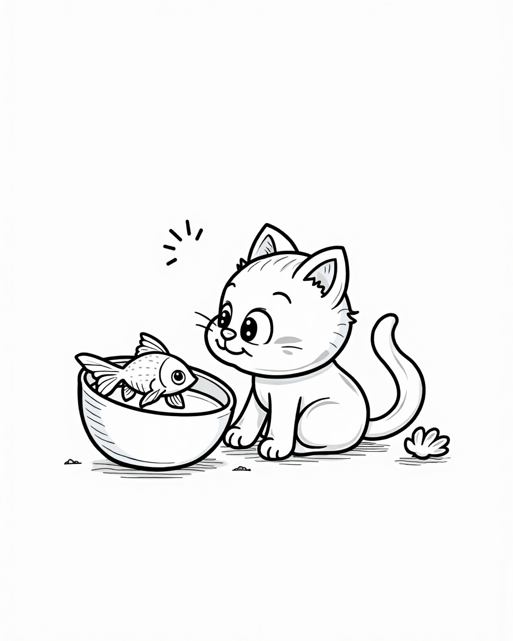 Cat & Goldfish colouring page to print