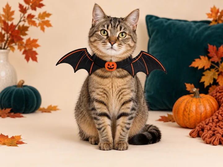 A cat wearing a lightweight bat-wing Halloween accessory