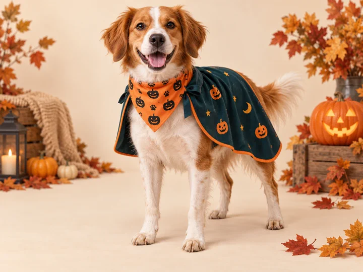 A dog wearing a lightweight Halloween cape and bandana