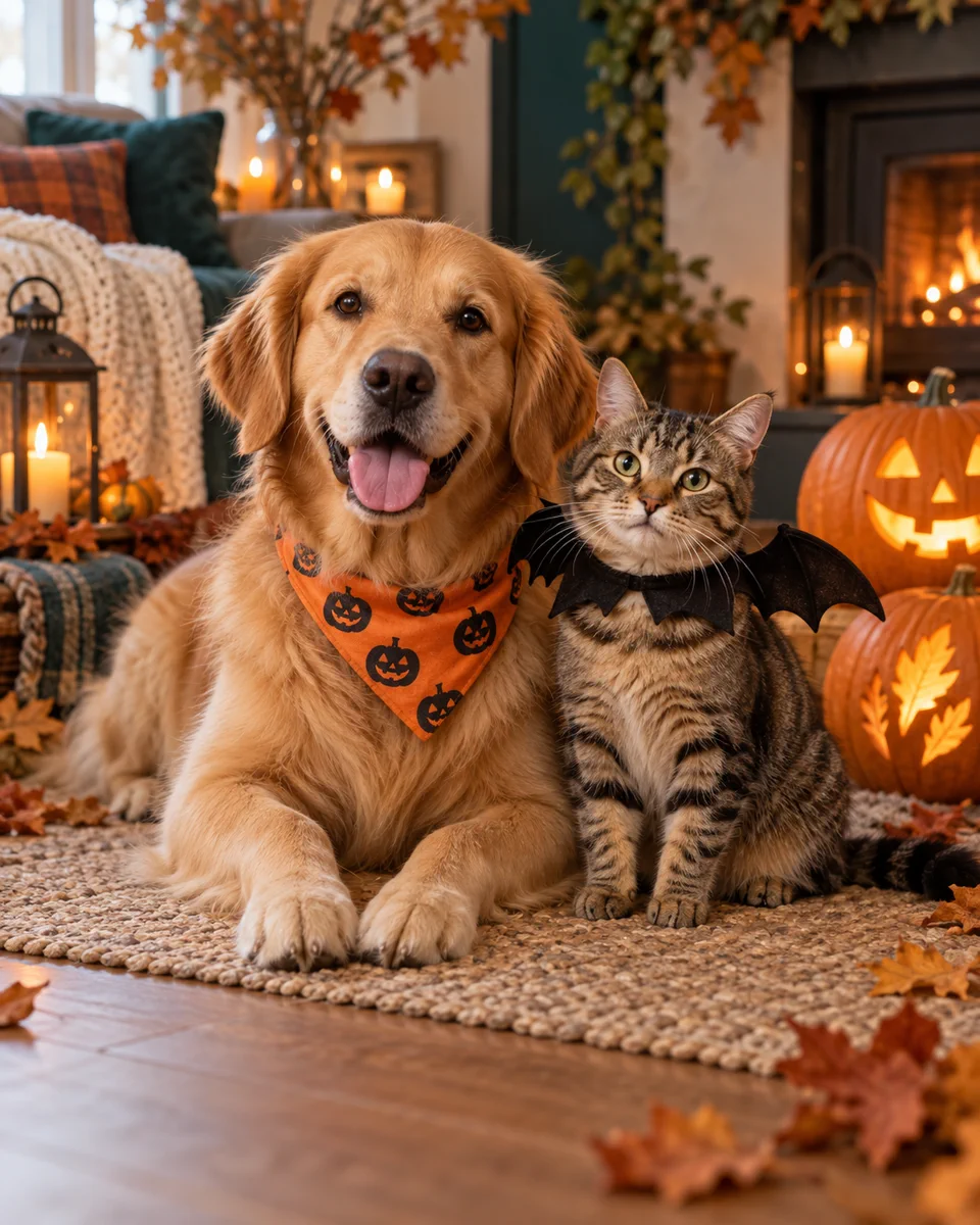 A dog and cat in comfortable Halloween accessories at home