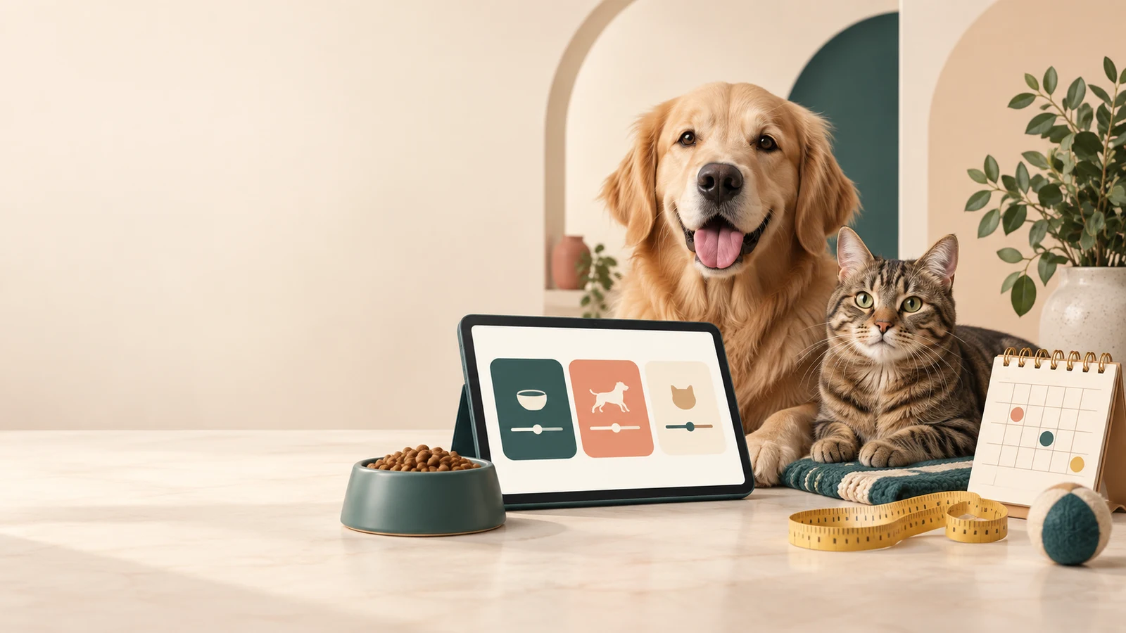 A dog and cat beside pet-care planning tools